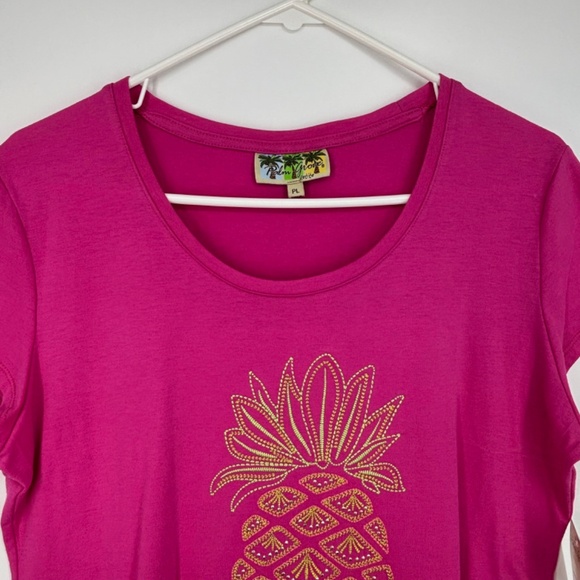 Palm Grove Womens PETITE Large T-Shirt Bright Pink Embroidered Pineapple Studs - Picture 3 of 7